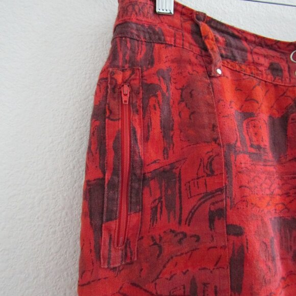 Chico's Vintage Linen Pants 1 Red Printed Coastal Artsy Cargo Boho Lagenlook - Picture 4 of 12